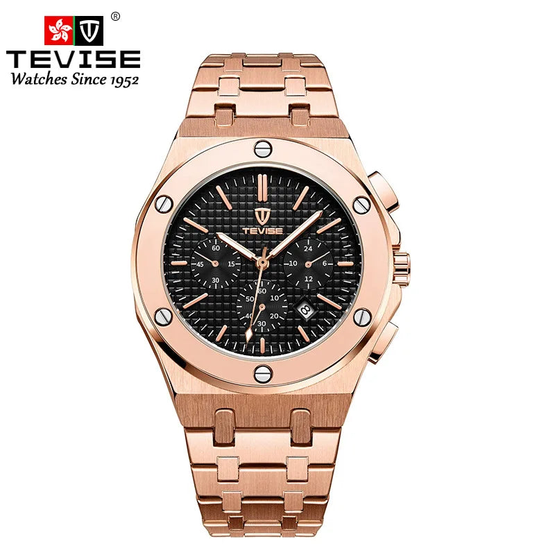 TEVISE T830 Luxury Rose Gold Gents Popular Quartz Watch Nice Stainless Steel Band Chronograph Vintage Business Reloj Watch