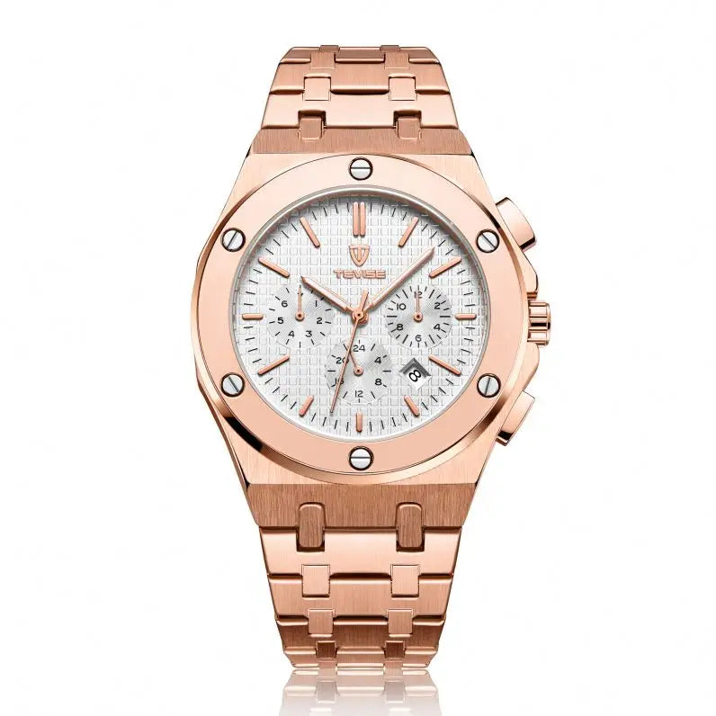 TEVISE T830 Luxury Rose Gold Gents Popular Quartz Watch Nice Stainless Steel Band Chronograph Vintage Business Reloj Watch