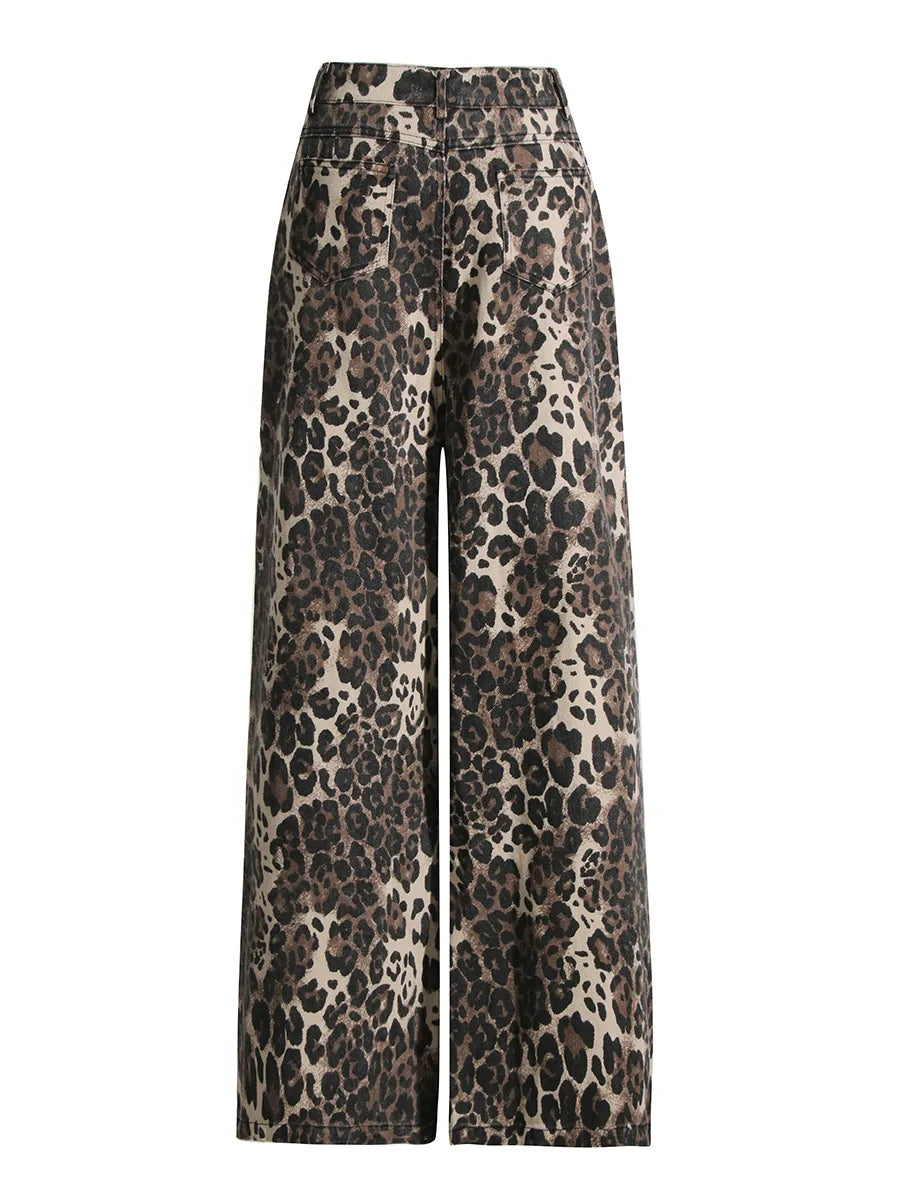 Hip Hop Cargo Pants Women Loose Jeans Wide-leg Tipped Leopard Print Casual Women's Denim Pants