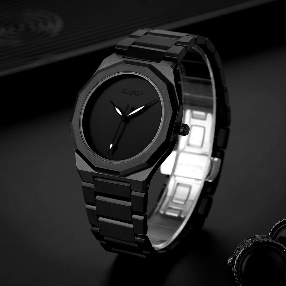 PLADEN Men Quartz Watch Green Dial Stainless Steel Band Waterproof Minimalist Business Wristwatch for Men
