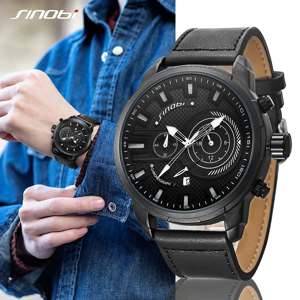 SINOBI 9786 Unique OEM Mens Quartz Watch Hot Sale Genuine Leather Strap 24 Hour Auto Date Chrono Casual Hand Watch
