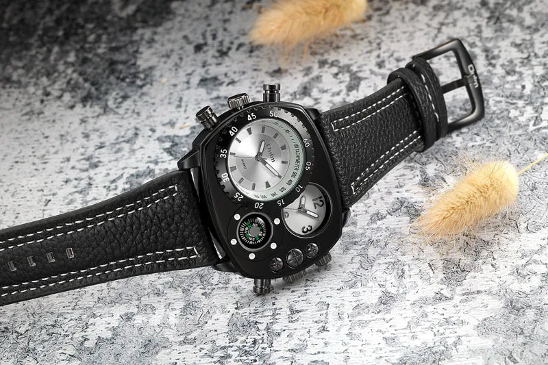 OULM 9865 Luxury  Boys Quartz Watch Exclusive PU Leather Band 2 Time Zone Chrono Compass Sports Reloj Watch