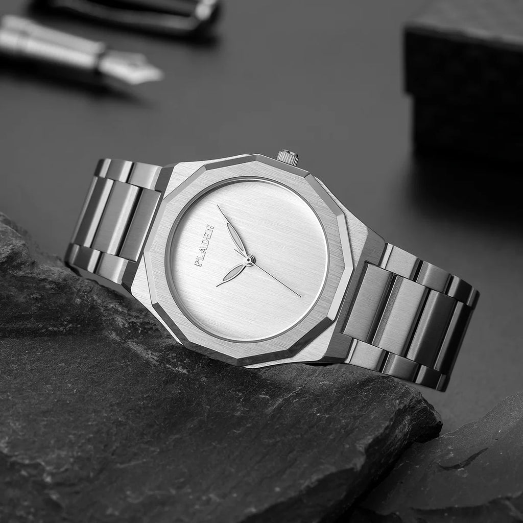 PLADEN Men Quartz Watch Green Dial Stainless Steel Band Waterproof Minimalist Business Wristwatch for Men