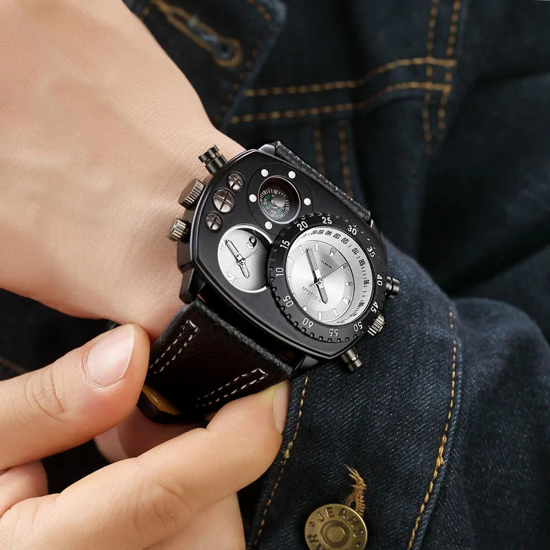 OULM 9865 Luxury  Boys Quartz Watch Exclusive PU Leather Band 2 Time Zone Chrono Compass Sports Reloj Watch