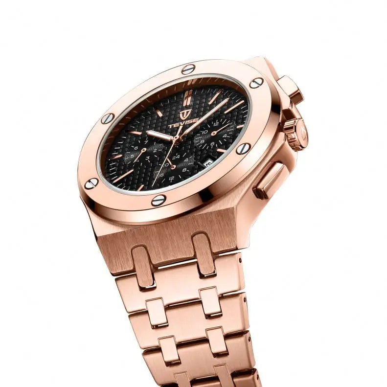 TEVISE T830 Luxury Rose Gold Gents Popular Quartz Watch Nice Stainless Steel Band Chronograph Vintage Business Reloj Watch