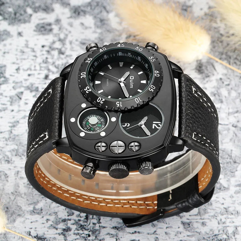 OULM 9865 Luxury  Boys Quartz Watch Exclusive PU Leather Band 2 Time Zone Chrono Compass Sports Reloj Watch