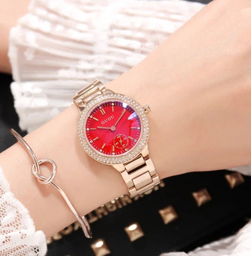 GUOU 8141  Elegant Guangzhou Female Quartz Watch Stylish Stainless Steel Band Waterproof Bling Small Student Watch Design