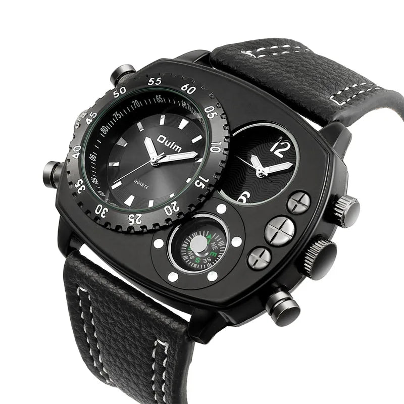 OULM 9865 Luxury  Boys Quartz Watch Exclusive PU Leather Band 2 Time Zone Chrono Compass Sports Reloj Watch