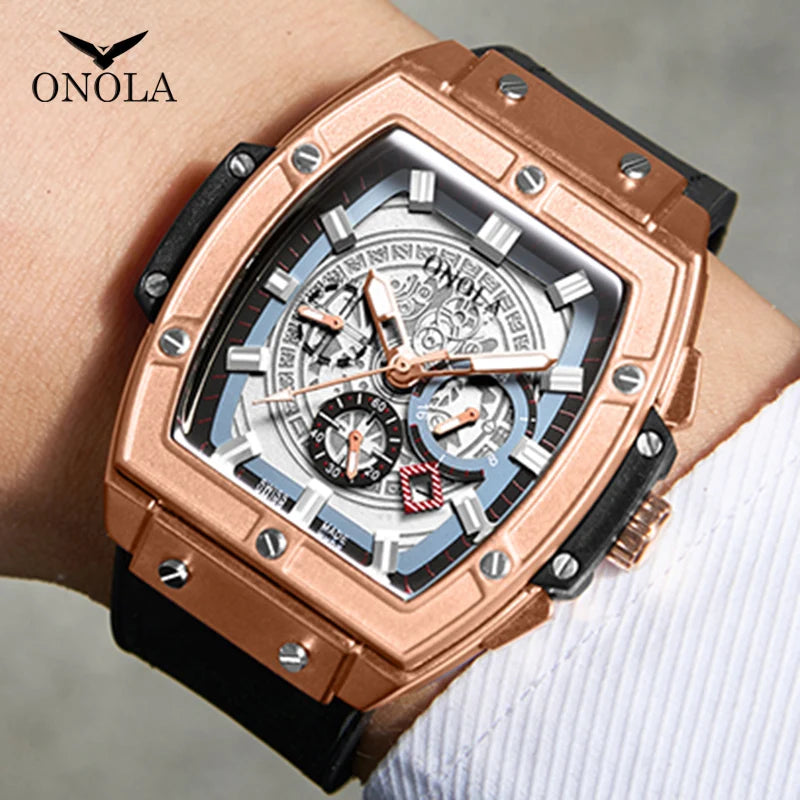 ONOLA 6819 New Design Affordable Man Quartz Watch Creative Real Leather Band Luminous Chronograph Popular Rectangle Sports Watch
