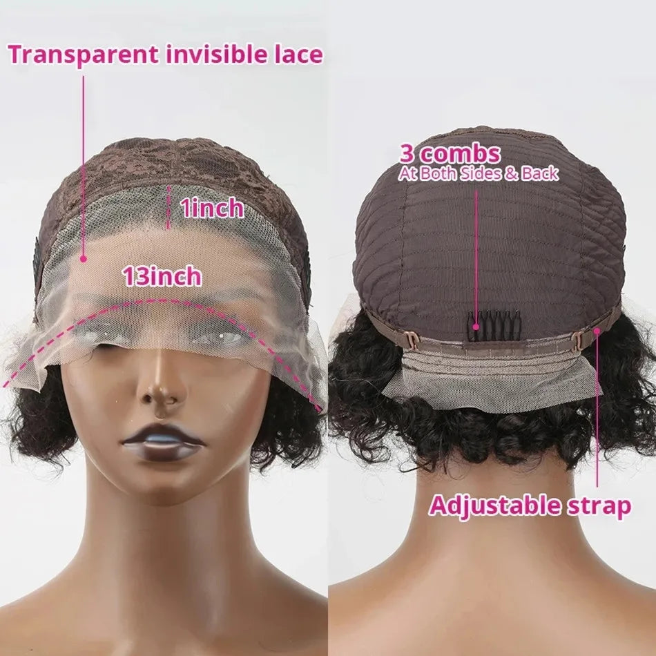 Pixie Cut Perruque Short Curly Human Hair Wigs Perruque Bresillienne Cheap Remy Hair 13X1 Transparent Lace Wigs For Women Sale