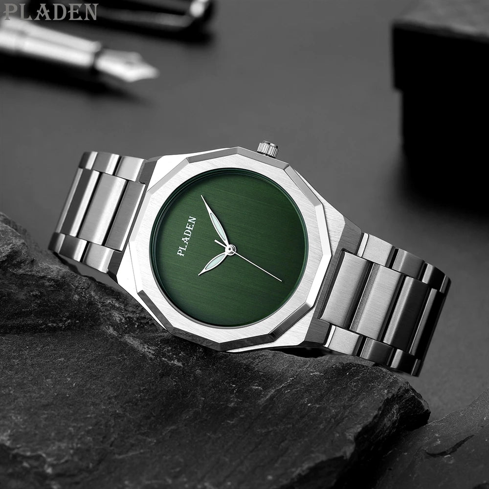 PLADEN Men Quartz Watch Green Dial Stainless Steel Band Waterproof Minimalist Business Wristwatch for Men
