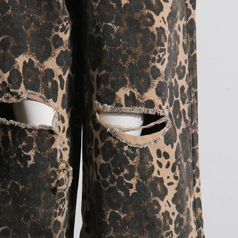 Hip Hop Cargo Pants Women Loose Jeans Wide-leg Tipped Leopard Print Casual Women's Denim Pants