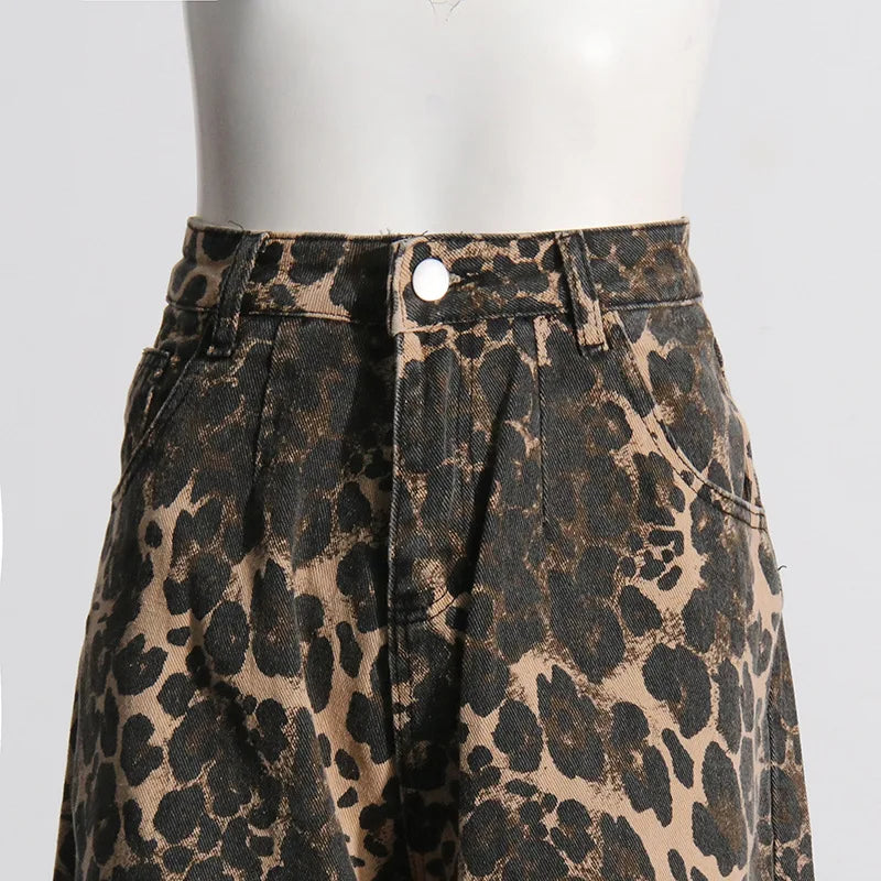 Hip Hop Cargo Pants Women Loose Jeans Wide-leg Tipped Leopard Print Casual Women's Denim Pants