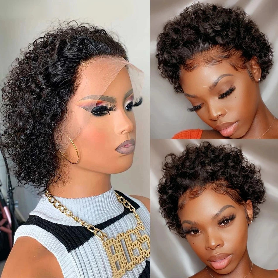 Pixie Cut Perruque Short Curly Human Hair Wigs Perruque Bresillienne Cheap Remy Hair 13X1 Transparent Lace Wigs For Women Sale