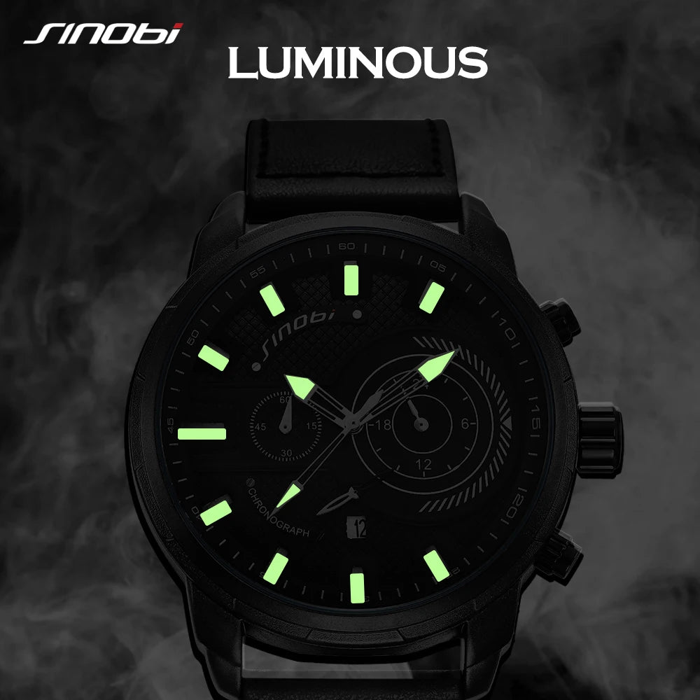 SINOBI 9786 Unique OEM Mens Quartz Watch Hot Sale Genuine Leather Strap 24 Hour Auto Date Chrono Casual Hand Watch