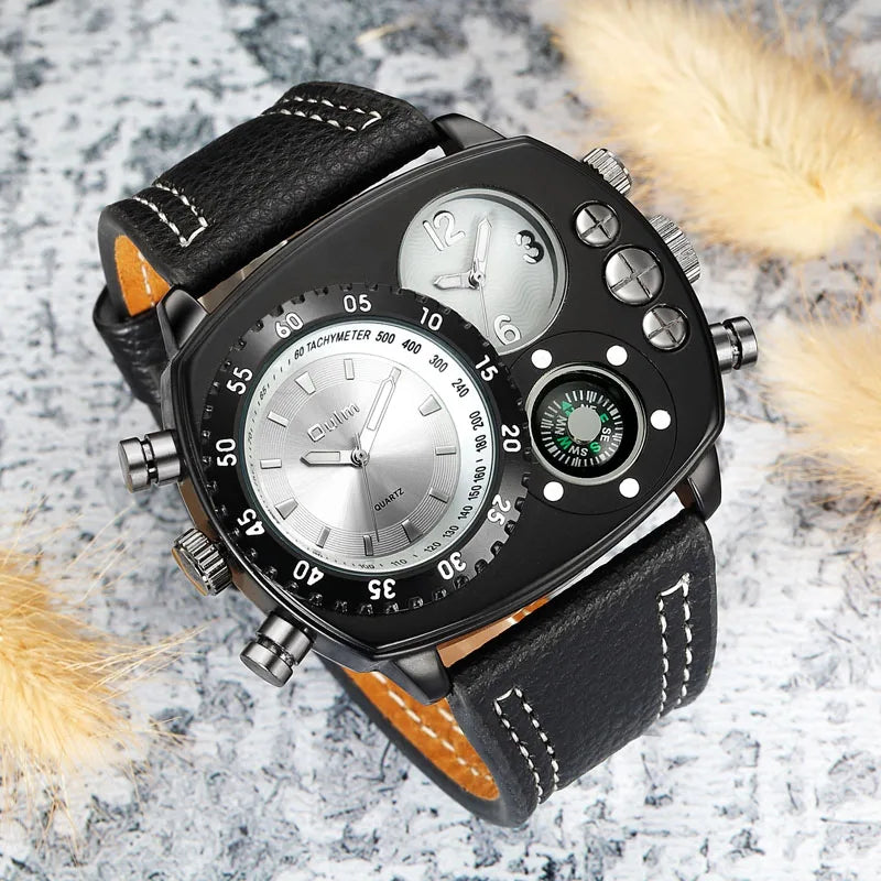 OULM 9865 Luxury  Boys Quartz Watch Exclusive PU Leather Band 2 Time Zone Chrono Compass Sports Reloj Watch