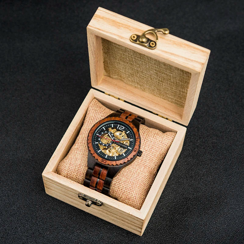 Luxury Lover's Wooden Stainless Steel Custom Logo Automatic Watch Couples Visible Mechanism Water Resistant Tourbillon Pointer
