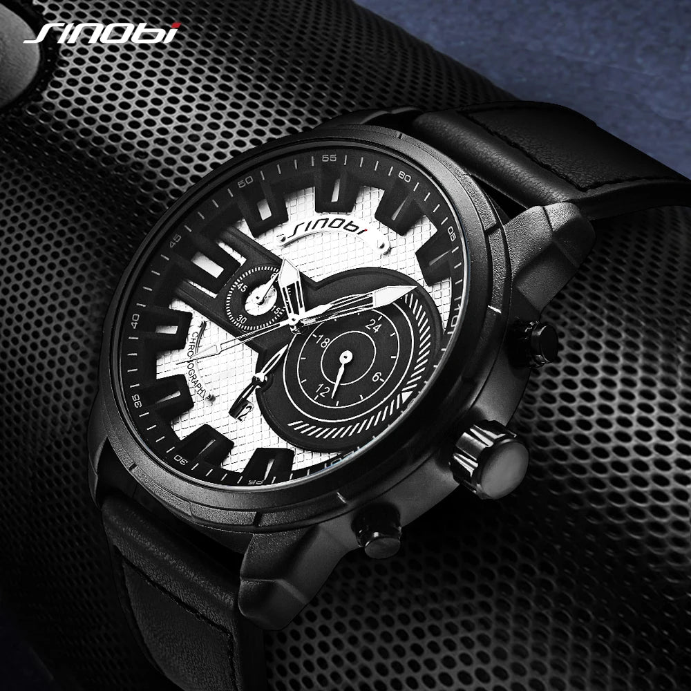 SINOBI 9786 Unique OEM Mens Quartz Watch Hot Sale Genuine Leather Strap 24 Hour Auto Date Chrono Casual Hand Watch