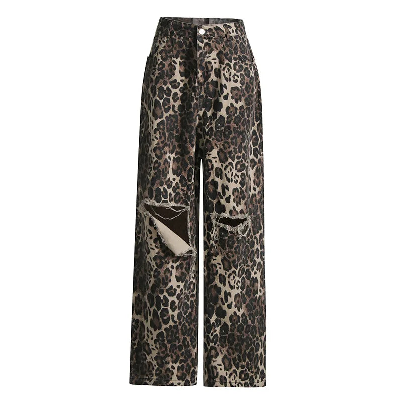 Hip Hop Cargo Pants Women Loose Jeans Wide-leg Tipped Leopard Print Casual Women's Denim Pants