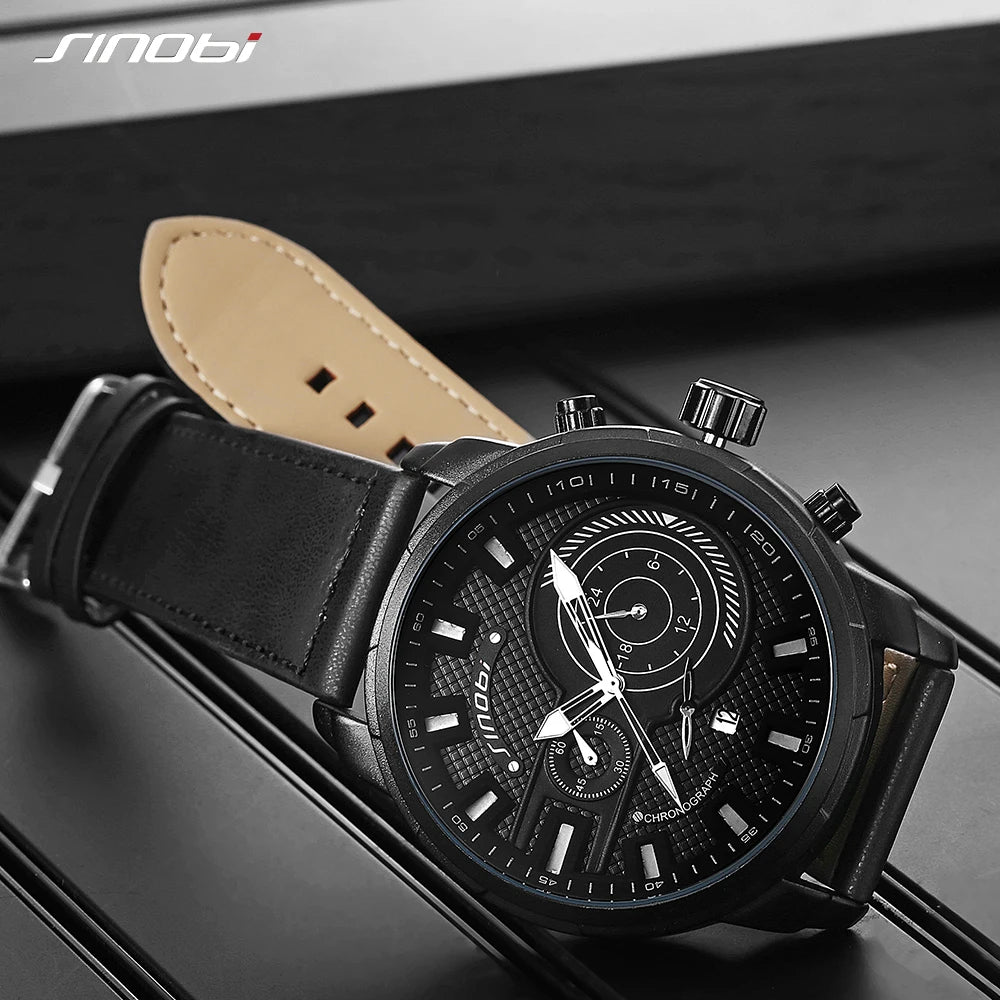 SINOBI 9786 Unique OEM Mens Quartz Watch Hot Sale Genuine Leather Strap 24 Hour Auto Date Chrono Casual Hand Watch