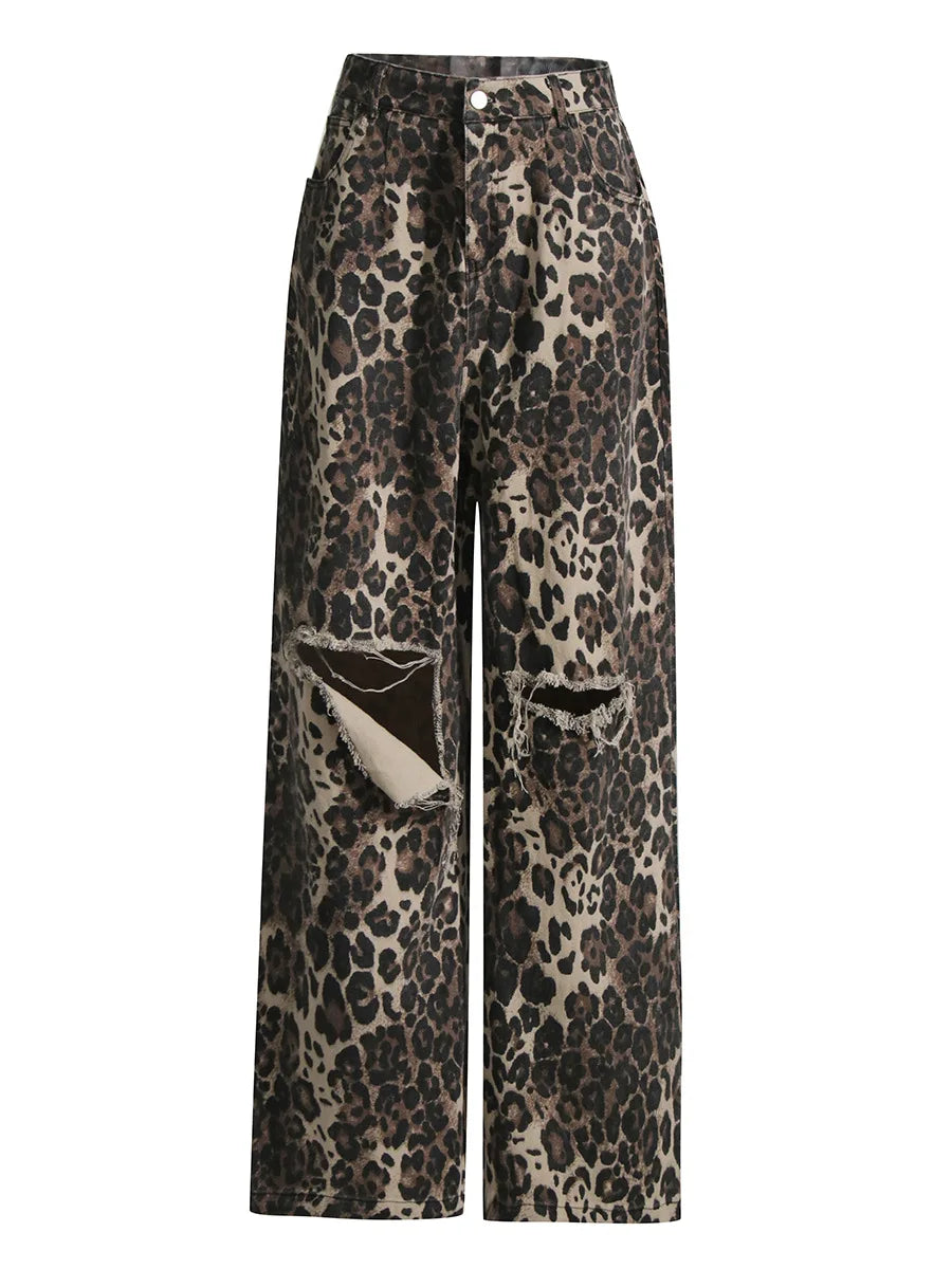 Hip Hop Cargo Pants Women Loose Jeans Wide-leg Tipped Leopard Print Casual Women's Denim Pants