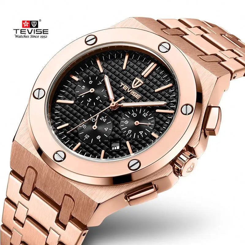 TEVISE T830 Luxury Rose Gold Gents Popular Quartz Watch Nice Stainless Steel Band Chronograph Vintage Business Reloj Watch