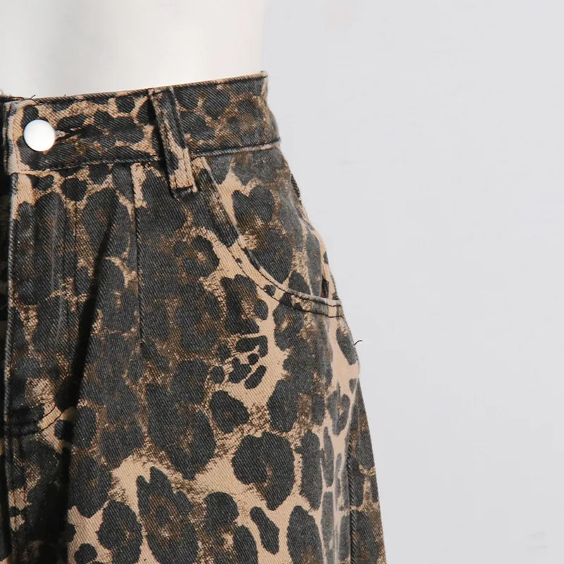 Hip Hop Cargo Pants Women Loose Jeans Wide-leg Tipped Leopard Print Casual Women's Denim Pants