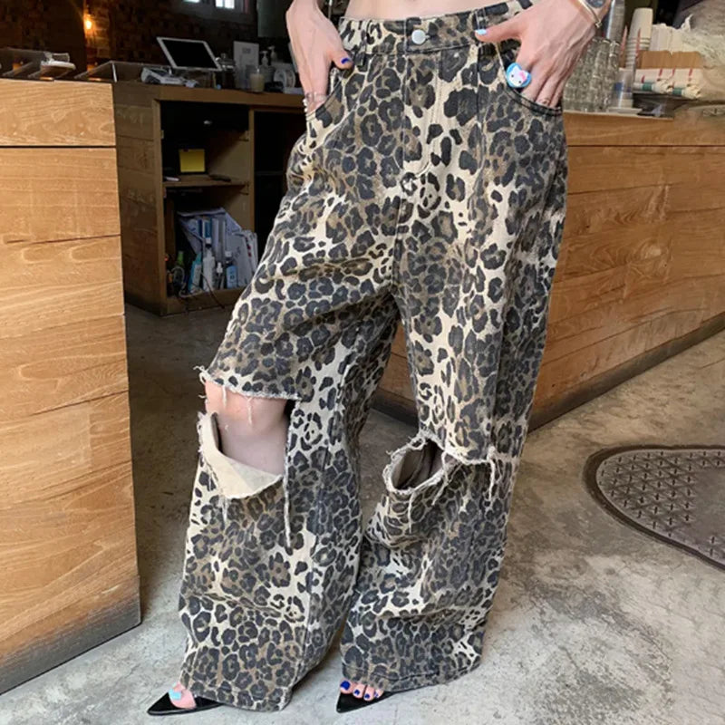 Hip Hop Cargo Pants Women Loose Jeans Wide-leg Tipped Leopard Print Casual Women's Denim Pants