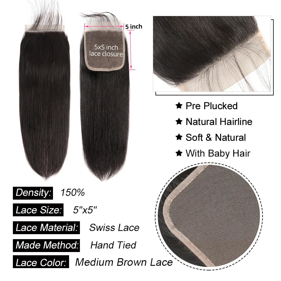 Straight Human Hair 3 Bundles With 5x5 Lace Closure Free Part Peruvian Hair Weave Bundles Remy Hair Extension AliPearl Hair