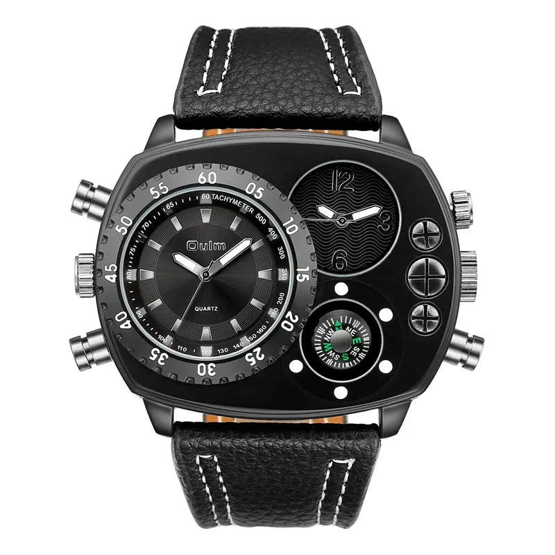 OULM 9865 Luxury  Boys Quartz Watch Exclusive PU Leather Band 2 Time Zone Chrono Compass Sports Reloj Watch
