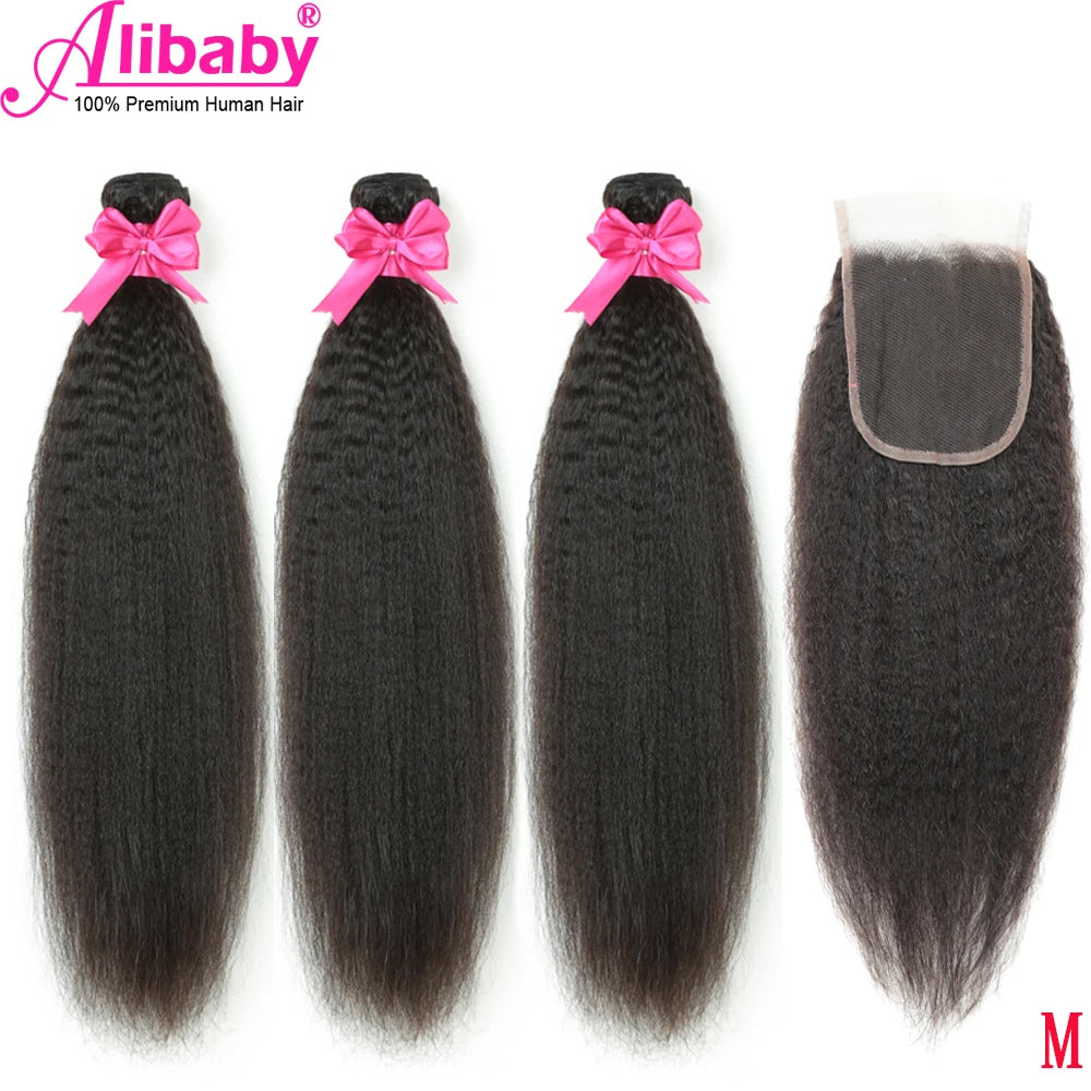 Peruvian Kinky Straight Hair Bundles With 4x4 Closure 100% Remy Human Hair Extension 1 2 Bundles With Closure Weave Bundles M