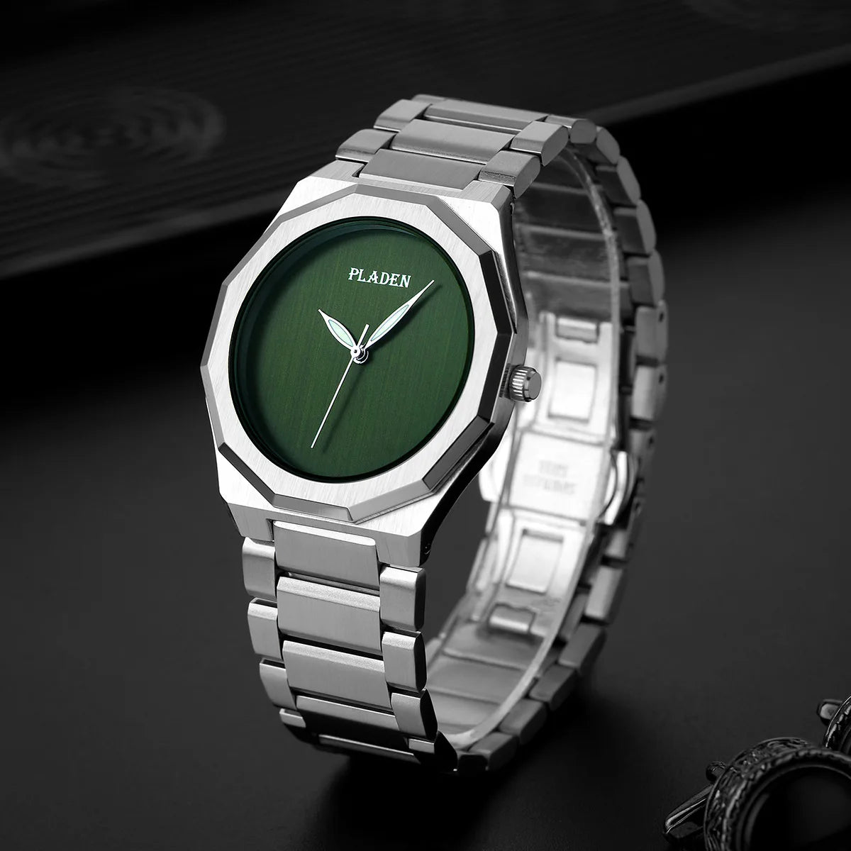 PLADEN Men Quartz Watch Green Dial Stainless Steel Band Waterproof Minimalist Business Wristwatch for Men