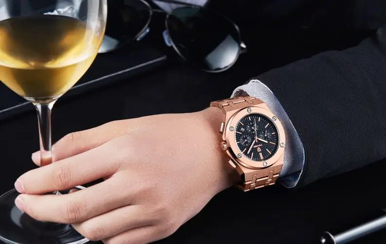 TEVISE T830 Luxury Rose Gold Gents Popular Quartz Watch Nice Stainless Steel Band Chronograph Vintage Business Reloj Watch
