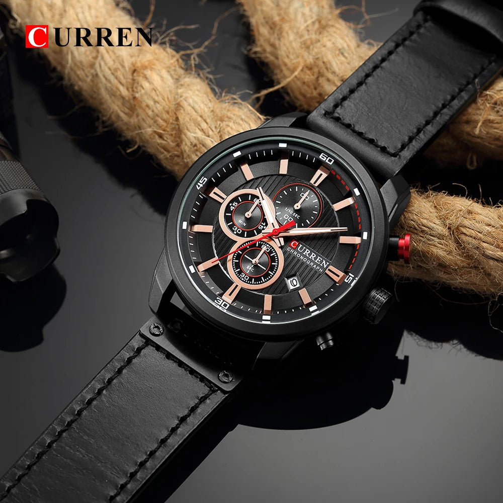 CURREN 8291 Super Blue Boys Quartz Watch Costume Genuine Leather Band 3 Dials Chronograph Luminous Popular Sports Watch Kit