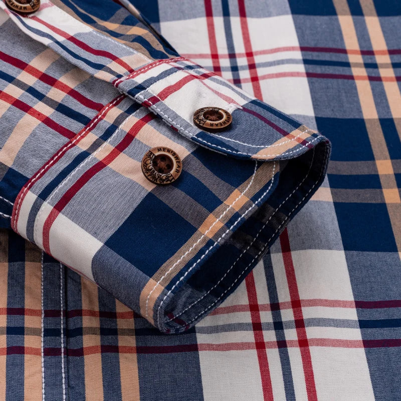 Men's 100% Cotton Plaid Long Sleeve Casual Shirt, Spring Autumn Lightweight & Breathable Slightly Slim Fit Button Down Shirts