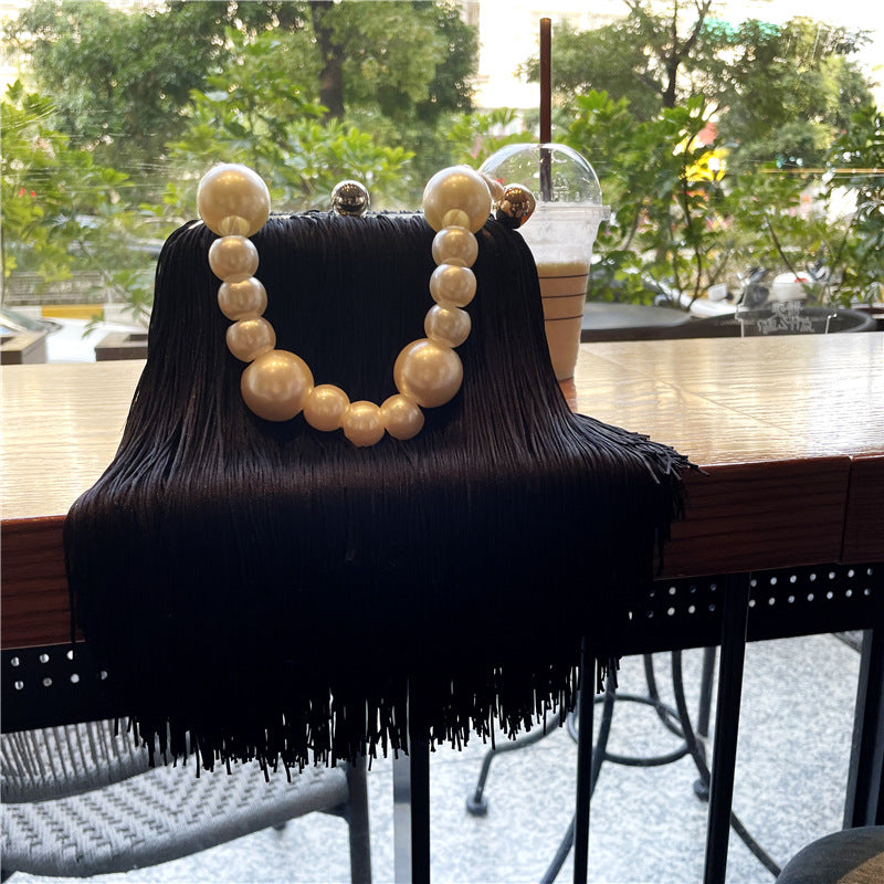 Fashion Niche Tassel Small Square Bag Ins Cyber Celebrant Tassel Underarm Bag Women's Pearl Chain Handbag Tide Dinner Bag