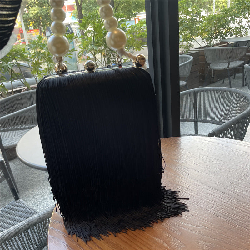 Fashion Niche Tassel Small Square Bag Ins Cyber Celebrant Tassel Underarm Bag Women's Pearl Chain Handbag Tide Dinner Bag