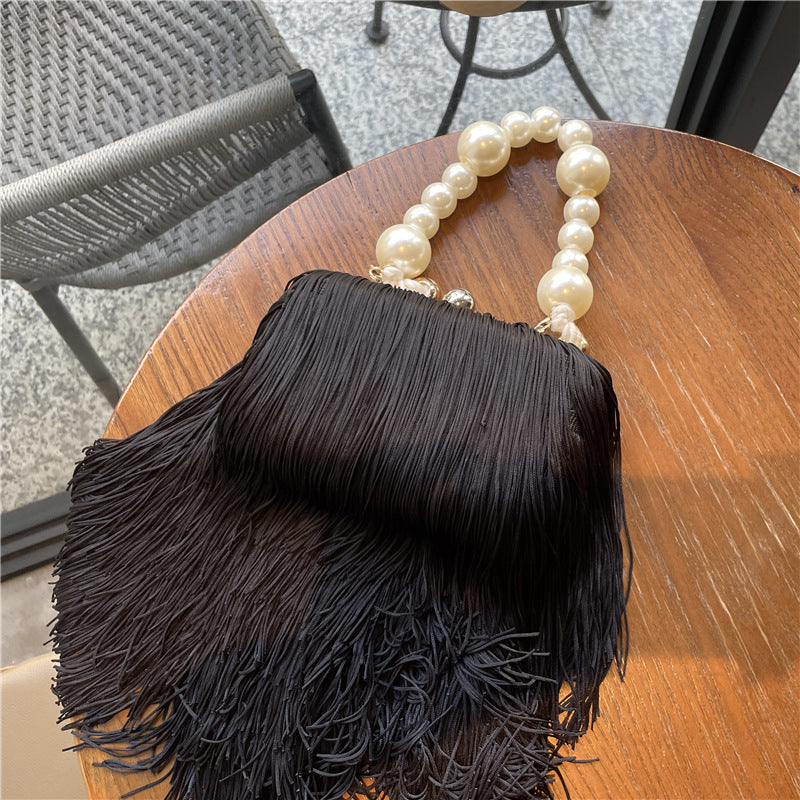 Fashion Niche Tassel Small Square Bag Ins Cyber Celebrant Tassel Underarm Bag Women's Pearl Chain Handbag Tide Dinner Bag