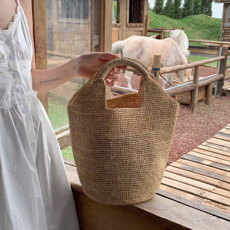 2026 New High-End Raffia Woven Bag, Handmade Straw Bag, Seaside Vacation Beach Bag, Hand-Held Tote Bag