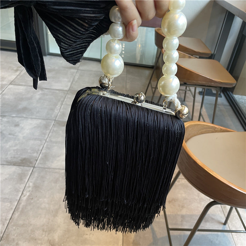 Fashion Niche Tassel Small Square Bag Ins Cyber Celebrant Tassel Underarm Bag Women's Pearl Chain Handbag Tide Dinner Bag