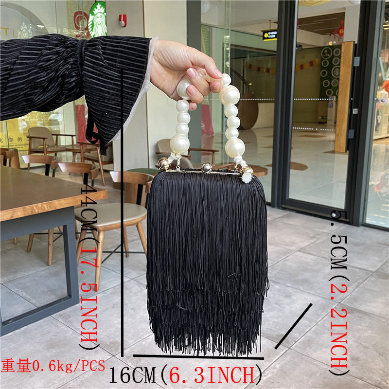 Fashion Niche Tassel Small Square Bag Ins Cyber Celebrant Tassel Underarm Bag Women's Pearl Chain Handbag Tide Dinner Bag