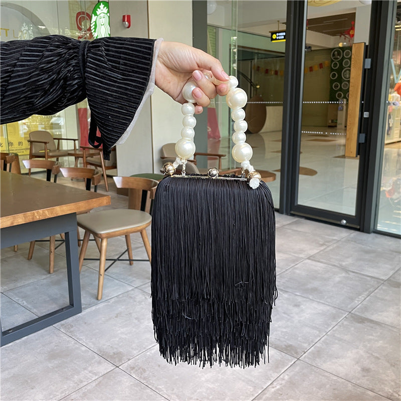 Fashion Niche Tassel Small Square Bag Ins Cyber Celebrant Tassel Underarm Bag Women's Pearl Chain Handbag Tide Dinner Bag