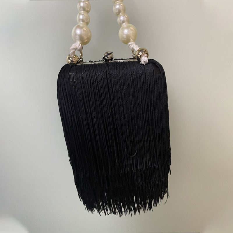 Fashion Niche Tassel Small Square Bag Ins Cyber Celebrant Tassel Underarm Bag Women's Pearl Chain Handbag Tide Dinner Bag