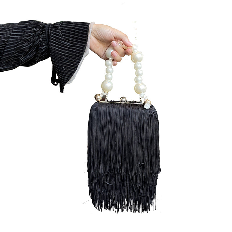 Fashion Niche Tassel Small Square Bag Ins Cyber Celebrant Tassel Underarm Bag Women's Pearl Chain Handbag Tide Dinner Bag