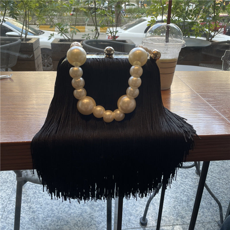 Fashion Niche Tassel Small Square Bag Ins Cyber Celebrant Tassel Underarm Bag Women's Pearl Chain Handbag Tide Dinner Bag