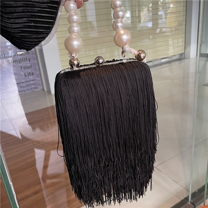 Fashion Niche Tassel Small Square Bag Ins Cyber Celebrant Tassel Underarm Bag Women's Pearl Chain Handbag Tide Dinner Bag