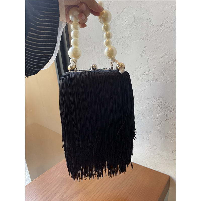 Fashion Niche Tassel Small Square Bag Ins Cyber Celebrant Tassel Underarm Bag Women's Pearl Chain Handbag Tide Dinner Bag
