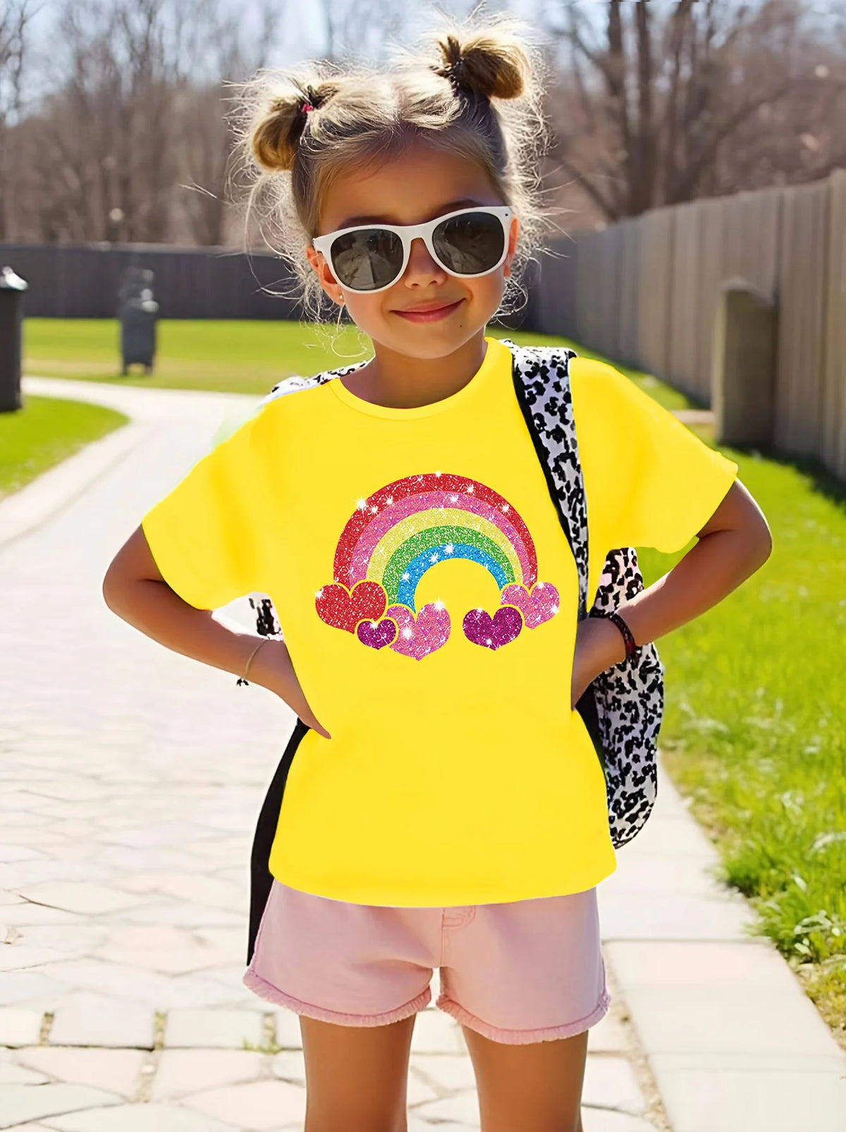 2026 Summer New Fashion Girls' Round Neck Short Sleeve Rainbow Heart Print T-Shirt Casual Summer Versatile Top Trendy Clothing