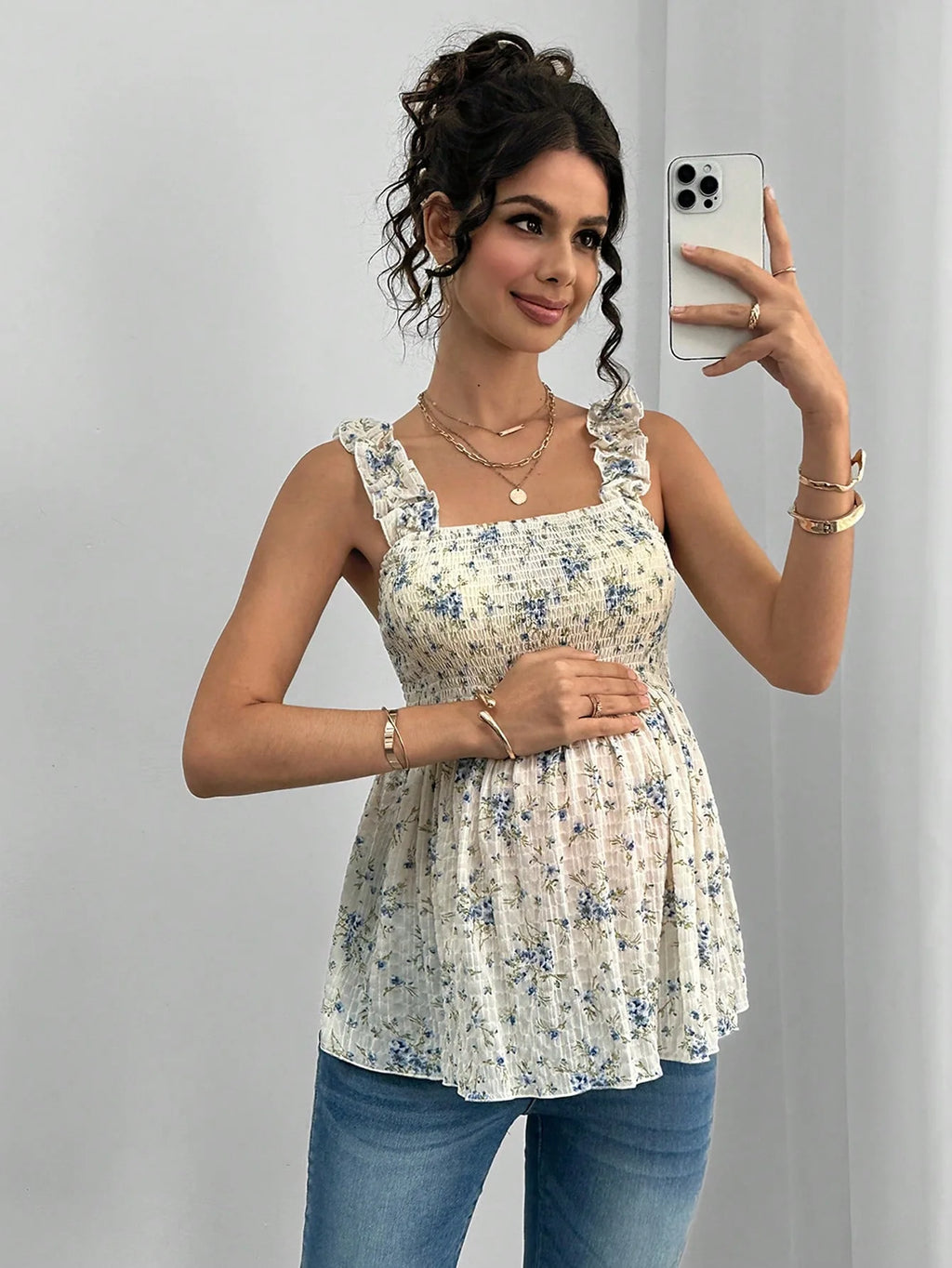 Maternity Clothing Spring and Summer New Printed Suspenders Maternity Top Square Collar A Word Maternity Vest Pregnancy Shirt