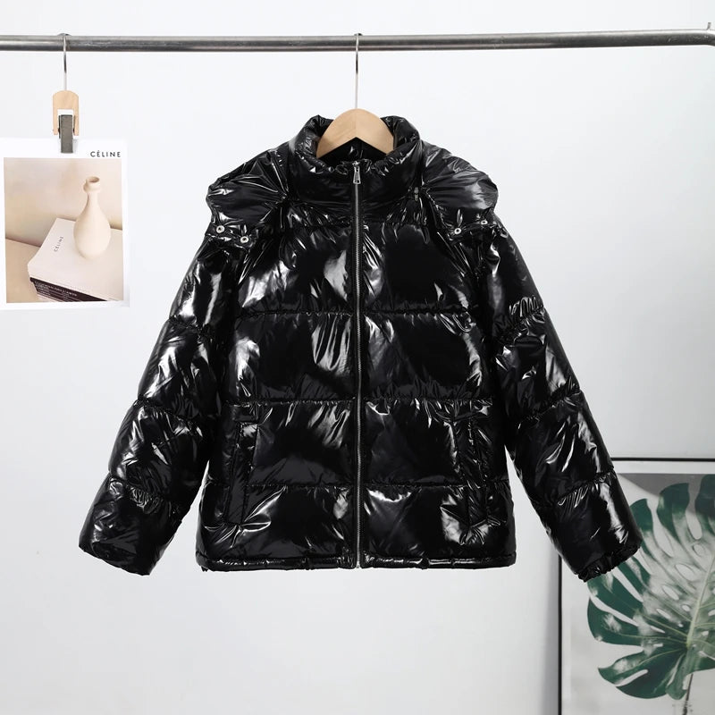 High Street Women's Glossy Zipper Hooded Coats Warm Elastic Waist Pleated Short Cotton Female Jacket 2026 Winter New Lady Outfit